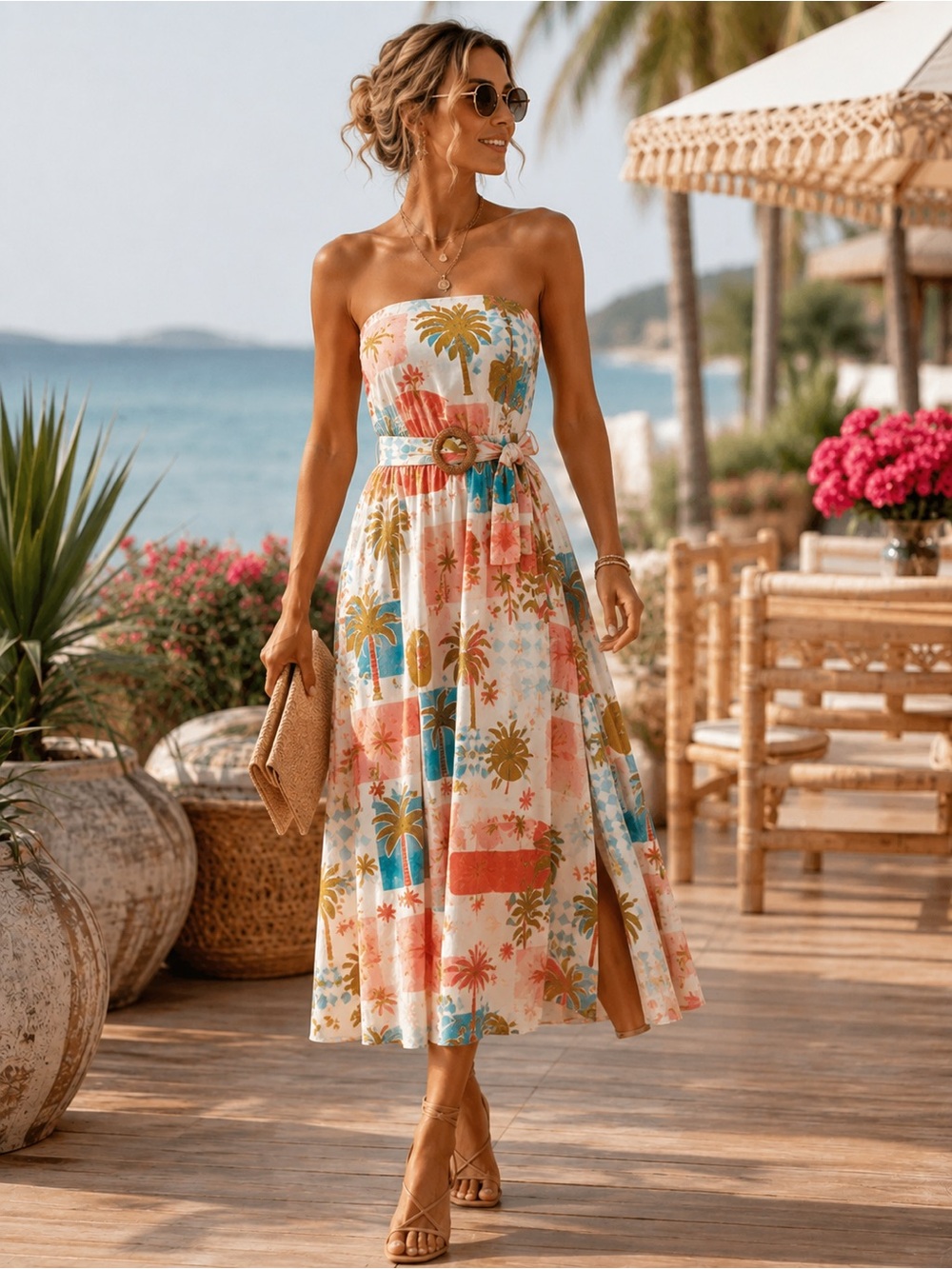 Dress Forum Tropical Beach Print Strapless Belted Cotton Maxi Dress Resort Size
